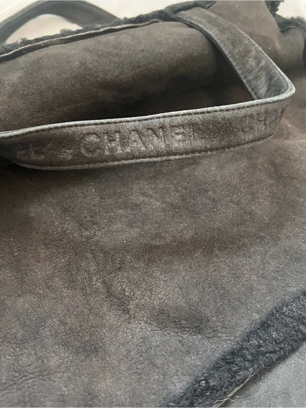 CHANEL Black Mouton Suede Shearling Bag Vintage 90s